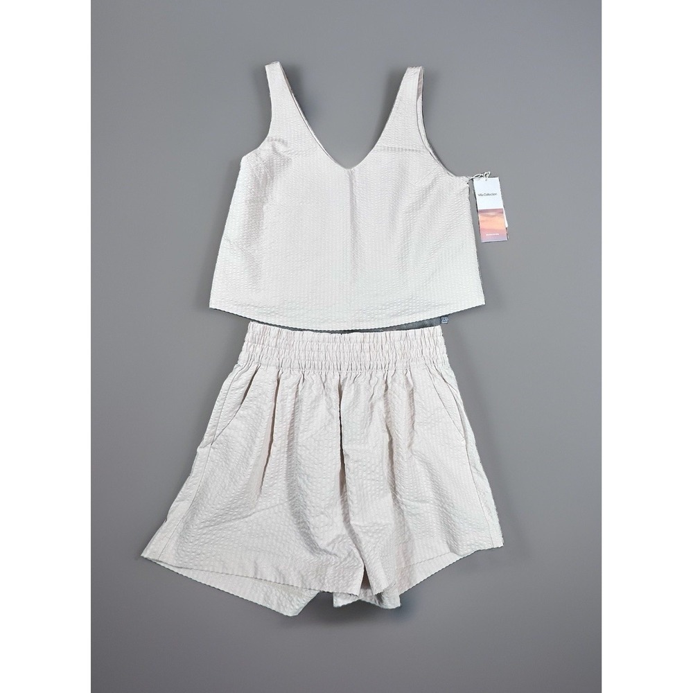 VUORI Villa Textured Short + Crop Tank Set Milkweed Neutral Small 4 Way Stretch - Picture 7 of 13